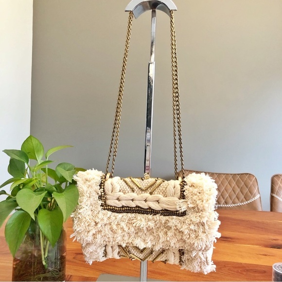 ZARA Unique Boho Beaded Cream Golden Tone Chain &Hardware Crossbody Shoulder Bag - Picture 10 of 15
